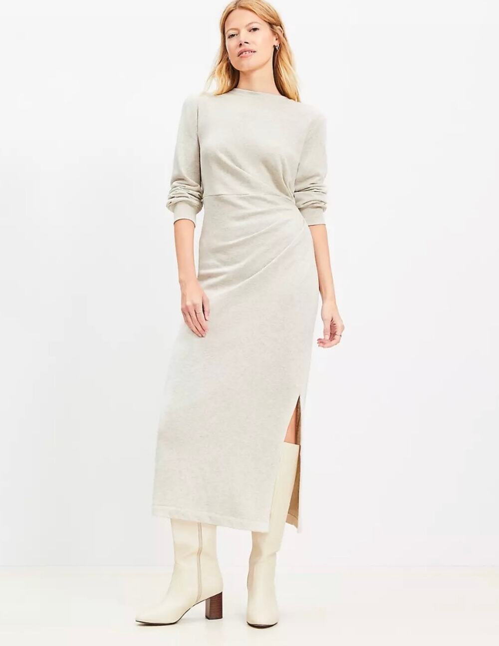 LOFT Terry Knit Side Pleated Midi Dress Petite XS Oatmeal Beige Cinch Side Slit